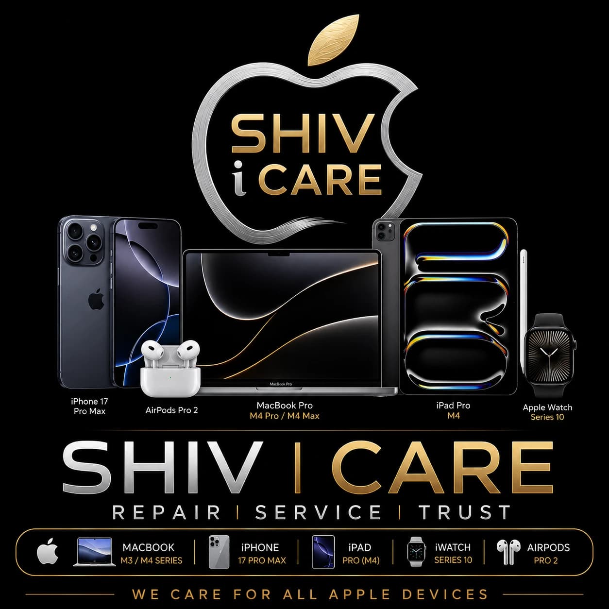 Shiv i Care — repair, service and trust for MacBook Pro M4, iPhone 17 Pro Max, iPad Pro M4, Apple Watch Series 10 and AirPods Pro 2 in Ludhiana